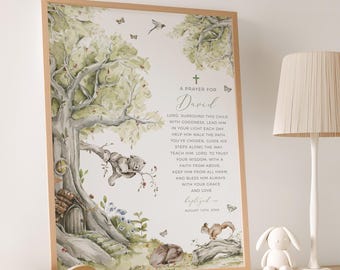 Bosdieren doop cadeau jongen, bord doopgebed, afdrukbare afbeelding bosdieren inwijding, 19A