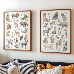 Pósteres de animales imprimibles, arte de pared de animales, arte infantil de especies animales, decoración de habitación infantil de animales salvajes, juego de 2 imágenes con temática de safari, descarga 04A