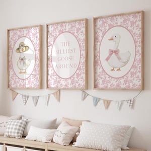 Silly Goose Wall Art Printable Goose Nursery Art Girl, Pink Toile Goose Prints, Silly Goose Theme Girl's Room Decor Cottagecore Set of 3 27A