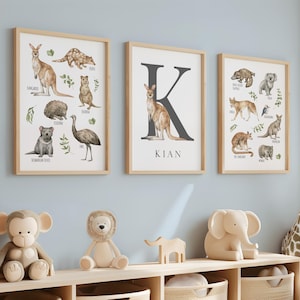 Australian Animals Wall Art, Printable Animals in Australia Poster, Australian Animal Name Art, Kid's Room Decor Koala Kangaroo Set of 3 04A