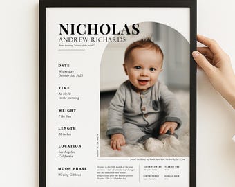 Modern Birth Stats Art, Printable Baby Stats Poster, Newborn Gift, Photo Announcement Sign, 01A