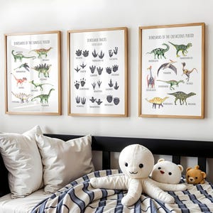 Dinosaurier Jungen Zimmer Dekor Dinosaurier Poster, Arten von Dinosaurier Wandkunst, Dino Spuren Kunstwerk Dinosaurier Druck, Dinosaurier Typ Chart 3er Set 02A
