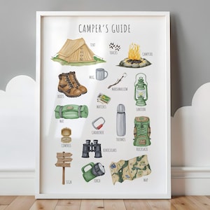 Campers Guide Wandkunst, druckbares Camping Poster, Jungenzimmer Dekor, Natur Kunstwerk, Wildnis, 12A