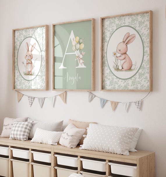 Vintage Rabbit Nursery Art Girl, Printable Bunny Nursery Prints, Rabbit Name Art, Girl's Room Decor, Initial Sage Green Toile, Set of 3, 13A