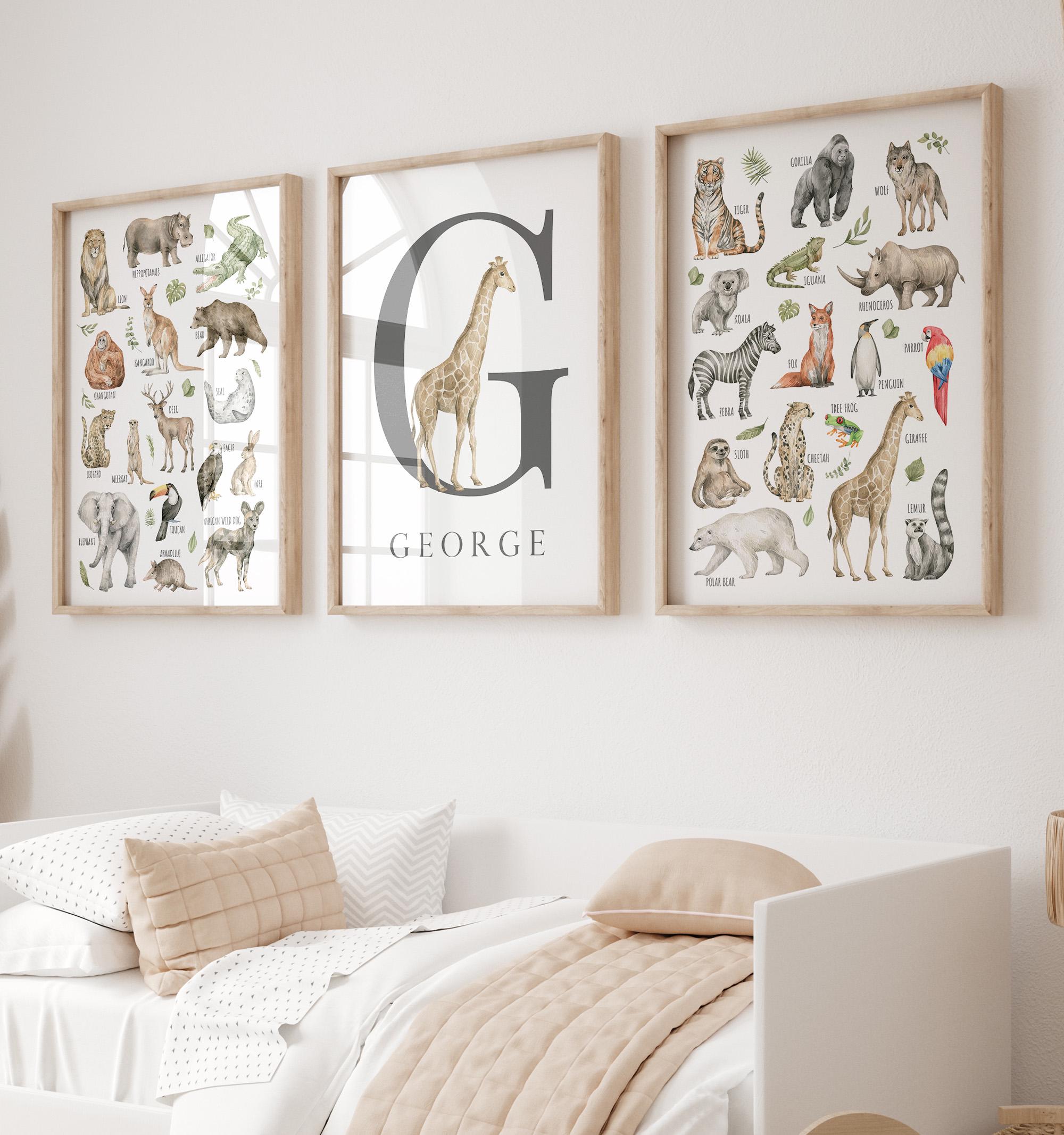 Animal Wall Art, Printable Animals of the World Poster, Wild Animal Name Art, Safari Animal Kid's Room Decor, Wildlife Chart, Set of 3 04A