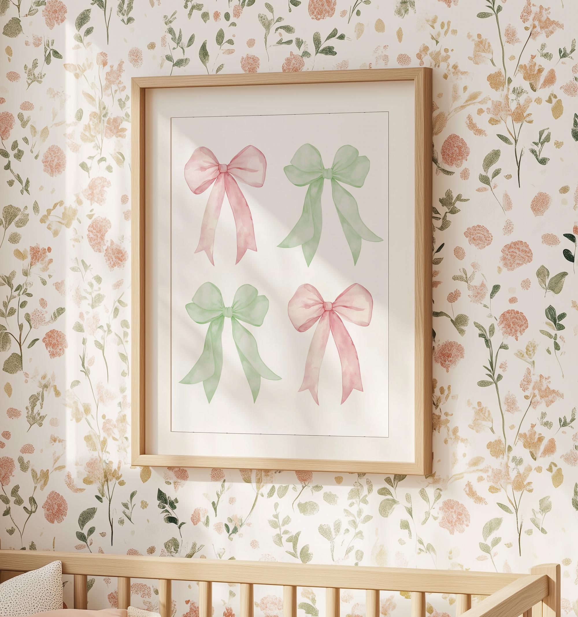 Pink and Sage Green Bow Nursery Art Girl Custom Bow Wall Art, Printable ...