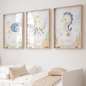 Ocean Animal Wall Art Boy&#39;s Room Sea Animal Posters, Cute Under the Sea Nursery Art, Toddlers Room Artwork Nautical Art Print, Set of 3, 23A