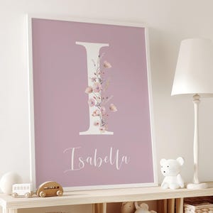 Arte de pared con inicial personalizado para niña, arte de flores silvestres para guardería, decoración personalizada para habitación de niña, obra de arte con letras bohemias, póster con nombre floral imprimible 16A