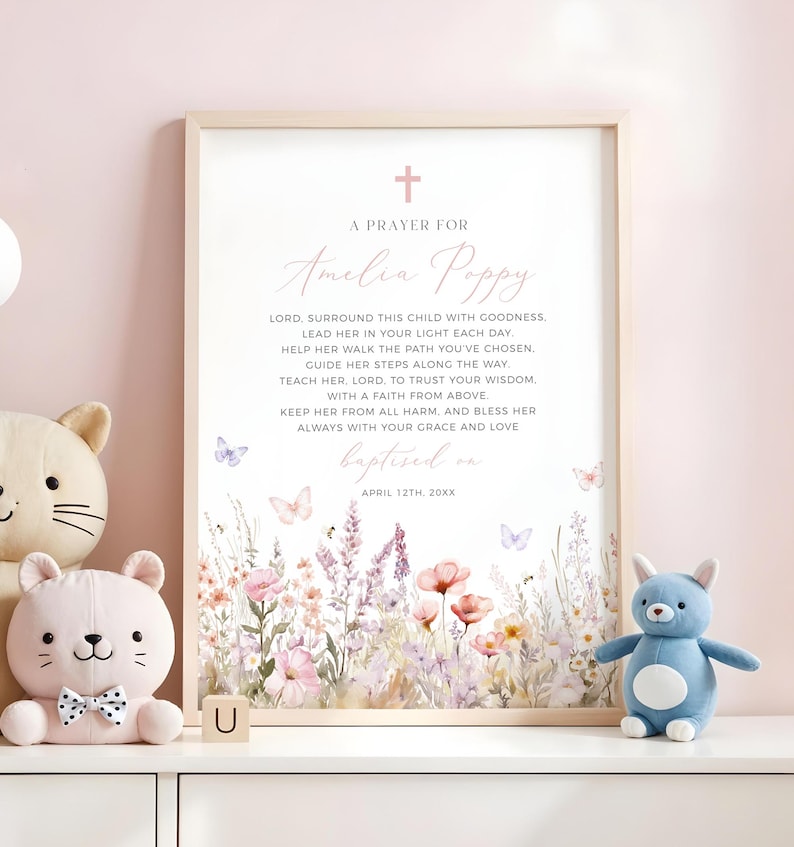 Personalized wildflower baptism prayer art for a little girl. This printable prayer sign makes a great gift and it can be displayed at a baptism, christening, dedication etc.