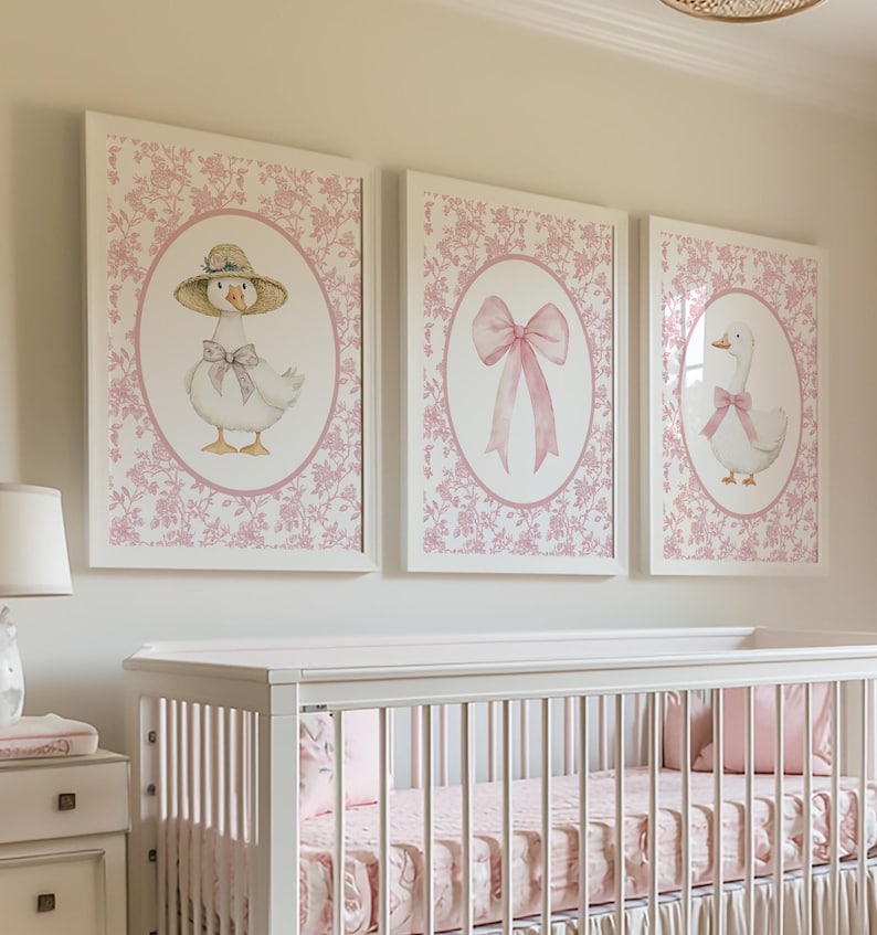 Silly Goose Nursery Art, Printable Bow Wall Decor, Pink Toile Prints ...