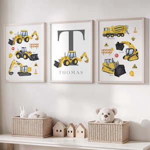 Arte de pared de construcción para habitación de niño, impresiones de construcción para niños pequeños, póster con nombre de excavadora, decoración con monograma, nombre personalizado imprimible, juego de 3 08A