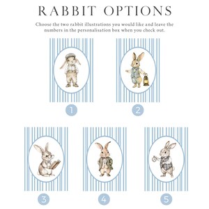 May include: Five illustrations of rabbits in different poses, each within a circle on a blue and white striped background. The rabbits are wearing clothing and accessories, such as a hat, glasses, a lantern, and a book. The illustrations are numbered 1 through 5.