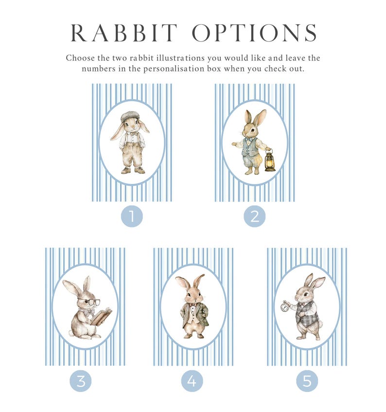 May include: Five illustrations of rabbits in different poses, each within a circle on a blue and white striped background. The rabbits are wearing clothing and accessories, such as a hat, glasses, a lantern, and a book. The illustrations are numbered 1 through 5.