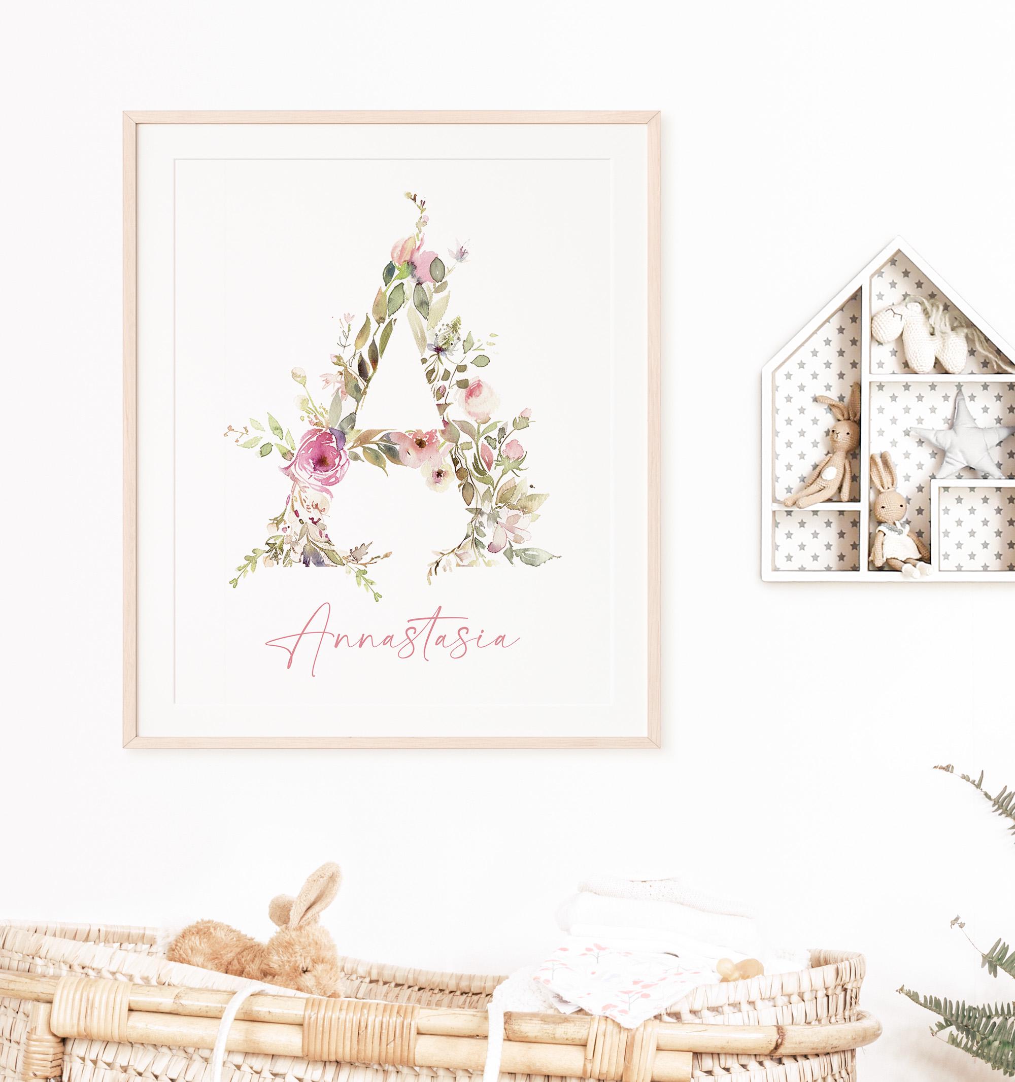 Floral Initial Nursery Art, Personalized Girl's Room Decor, Printable ...