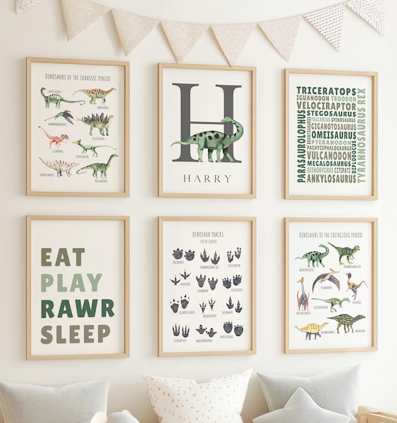 Printable Dinosaur Wall Art, Dinosaur Boy's Room Posters, Monogram, Dino Footprints, Set 6, 02A