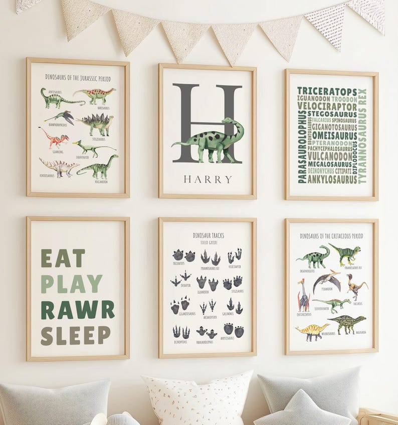 Set of 6 dinosaur wall art for a kid's room. Includes dinosaur species charts, monogram and name art, dino tracks and typography wall art