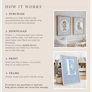 May include: How to download and print digital art prints.  Instructions include purchasing, downloading, printing, and framing.  The image shows two examples of prints: one with a bunny illustration and the other with a letter E and the name Elliot.