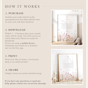 Op de afbeelding: Twee ingelijste prints met bloemen- en vlindermotieven. De prints bevatten een gebed voor Amelia Poppy, met een kruis bovenaan. De afbeelding bevat ook instructies over hoe u de prints kunt kopen, downloaden, afdrukken en inlijsten.