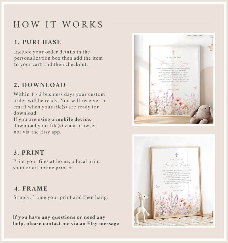 Op de afbeelding: Twee ingelijste prints met bloemen- en vlindermotieven. De prints bevatten een gebed voor Amelia Poppy, met een kruis bovenaan. De afbeelding bevat ook instructies over hoe u de prints kunt kopen, downloaden, afdrukken en inlijsten.