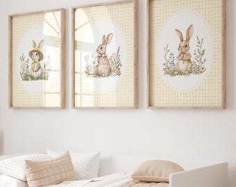Butter Gelb Gingham Häschen Wand Kunst, Printable Kaninchen Kinderzimmer Dekor Mädchen, Set 3 13A