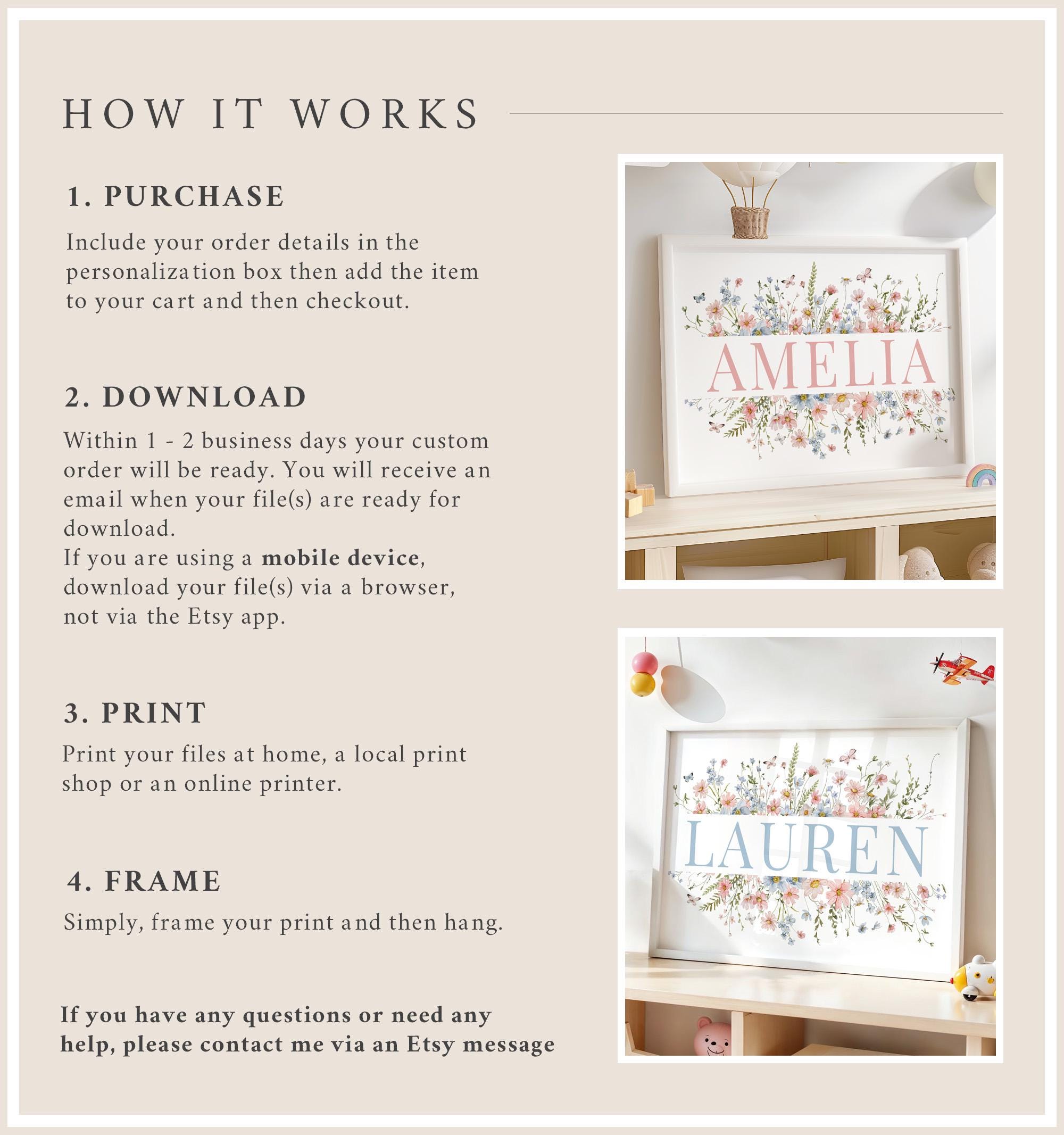Custom Name Print Girl, Wildflower Nursery Art, Floral Wall Decor ...