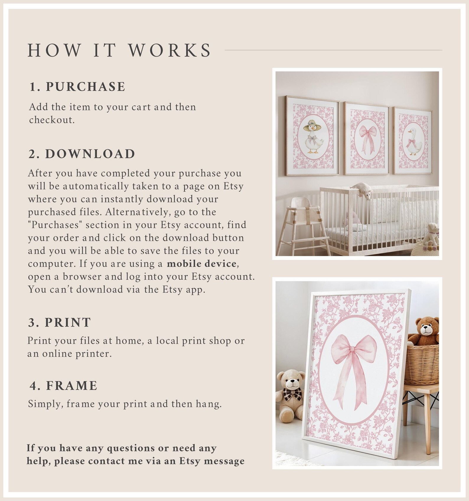 Silly Goose Nursery Art, Printable Bow Wall Decor, Pink Toile Prints ...