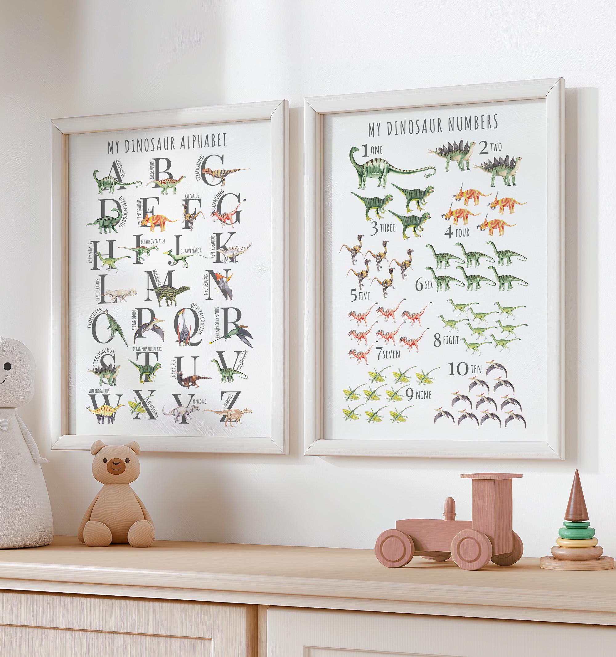 Dinosaur Alphabet Wall Art Printable Dino Numbers Pictures, A - Z Dinosaur Species Artwork, Dino ABC Kids Room Decor, Set of 2 Download 02A