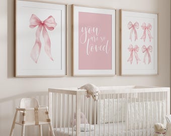 Pink Bow Nursery Print You are So Loved Girls Room Decor, Bow Nursery Wall Art Printable Bow Posters, New Baby Gift Bow Picture Set of 3 24A