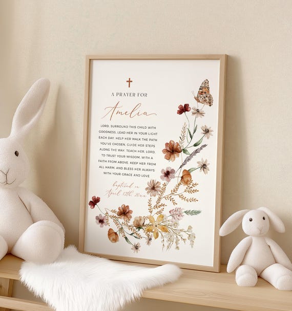 Wildflower Baptism Prayer Art, Personalized Christening Gift for Girl, Printable Baby Dedication Picture, 15A