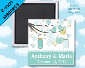 Wedding Favors - Magnets - Teal Love Birds - 2 Inch Square Magnets - Personalized Favors