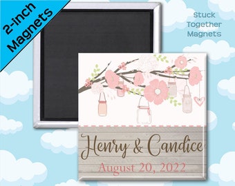 Rustic Wedding Favor Magnets - Mason Jars in Blush Pink - 2 Inch Square Magnets - Personalized Favors
