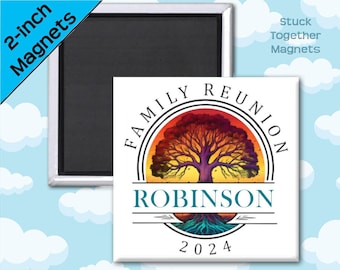 Family Reunion Magnet Favors - 2 Inch Square Magnets - Sunset Tree - Personalized Favors - Your Family Name