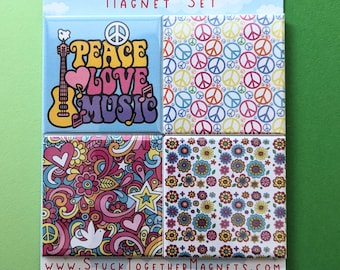 Sixties Magnet Set - Four 2 Inch Magnets - Hippie - Peace Love