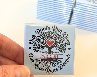 Personalized Family Reunion Magnet Favors – Roots Run Deep - 2 Inch Square - Momento - Gathering - Tree