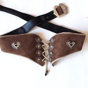 Vintage Dirndl Trachten Beige Brown Suede Leather Belt Pewter Heart Metal Accent Rope Lacing Oktoberfest Bavarian Folk Costume Accessory