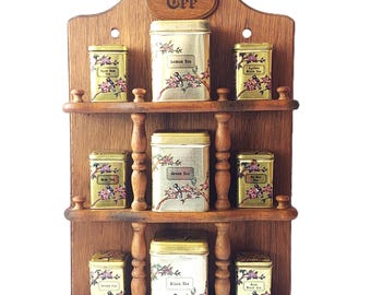 Vintage Wooden Tea Rack with Golden Floral Tin Canisters, German Wall Shelf, Kitchen Storage, Rustic Country Farmhouse Decor Set