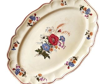 Vintage Sarreguemines Agreste France Large Oval Serving Platter Cream White Faience Rustic Field Flower French Provencal Country Tableware