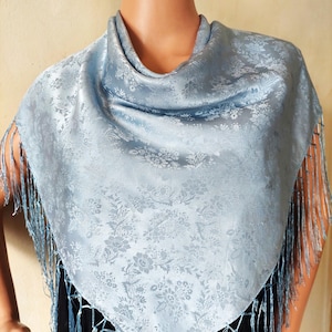Vintage Fringed Damask Silk Dirndl Trachten Scarf Light Blue Jacquard Woven Floral Pattern Double Knotted Fringe Oktoberfest Headscarf Shawl