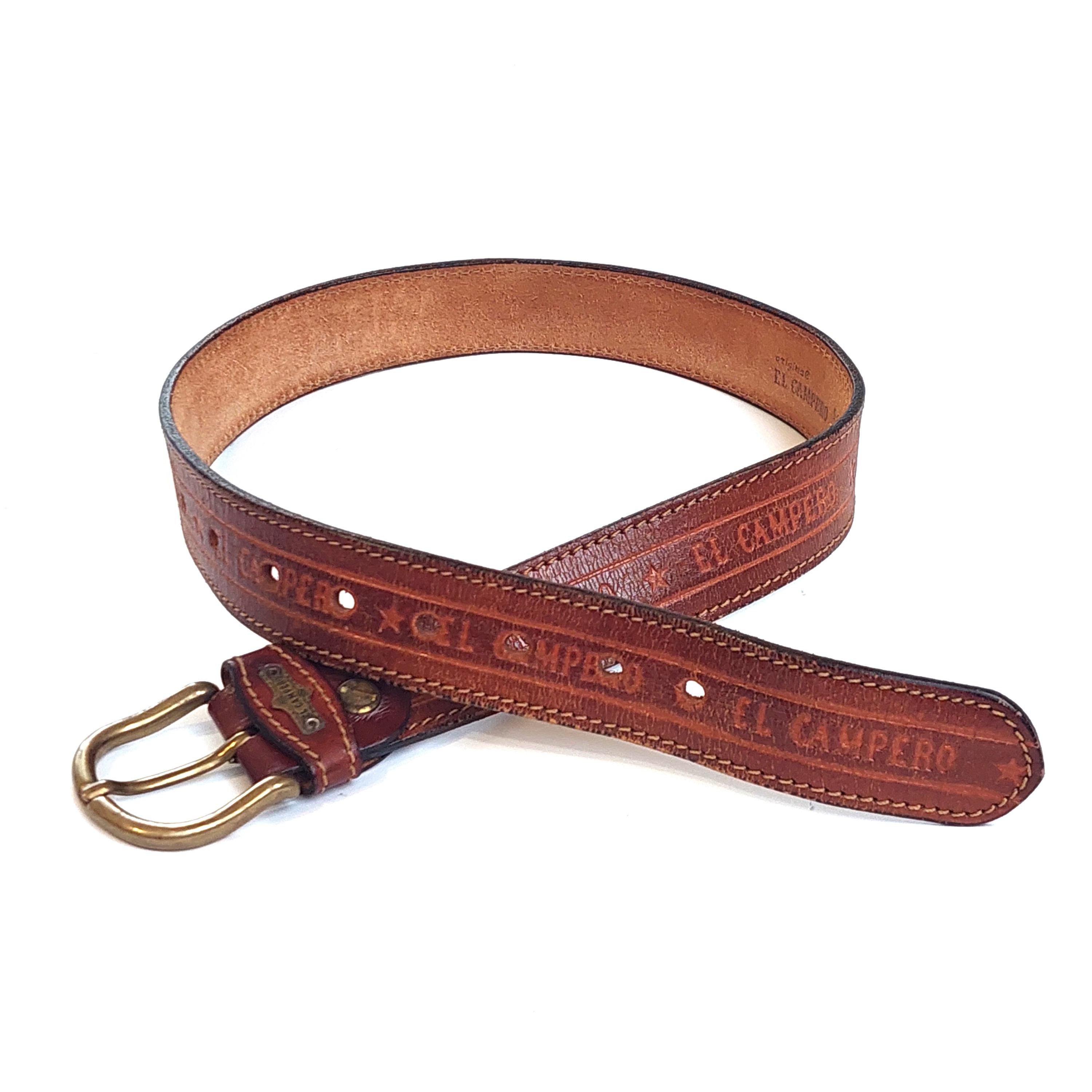 Vintage El Campero Tooled Leather Belt Tan Cognac Brown Logo 