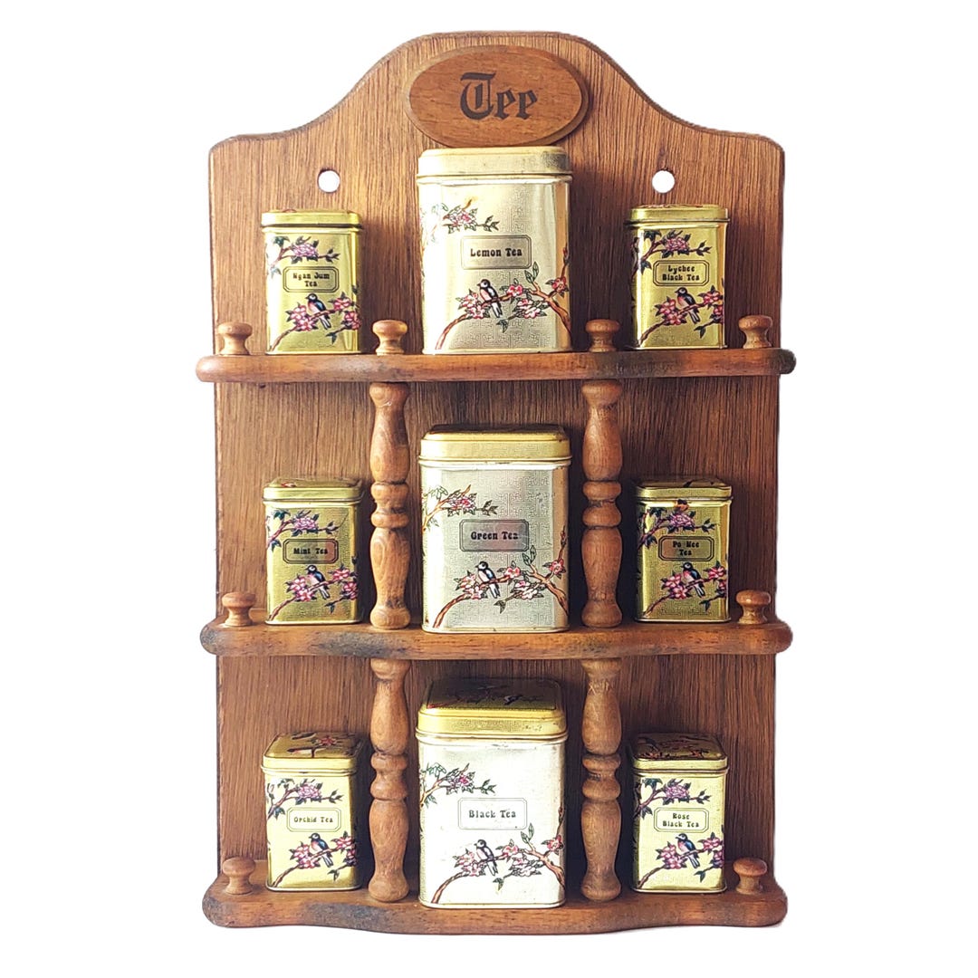 Vintage Wooden Tea Rack With Golden Floral Tin Canisters, German Wall ...