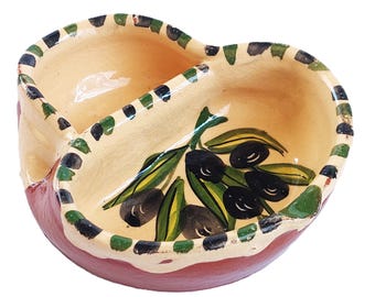 Vintage Handmade Greek Double Pottery Olives Pits Dish Traditional Mediterranean Glazed Ceramic Serving Bowl Greece Tableware Rustic Dining