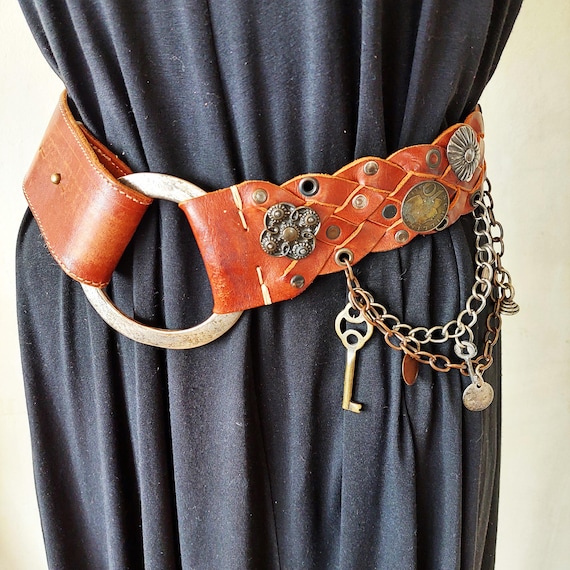 Wide leather Tan belt metal chain design Tan Wide Leather Belt | Handmade in Seattle | Marakesh Leather main image 4