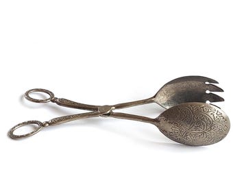 Vintage Zilveren Plaat Schaar Serveertang Sierlijke Barokke Rococo-stijl Gebruiksvoorwerp voor Salade Gebak Taart Brood