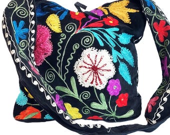 Floral Embroidered Velvet Tote Bag Suzani Style Shoulder Bag with Colorful Folk Chain Stitching Crossbody Strap 70s 80s Hippie Boho Vintage