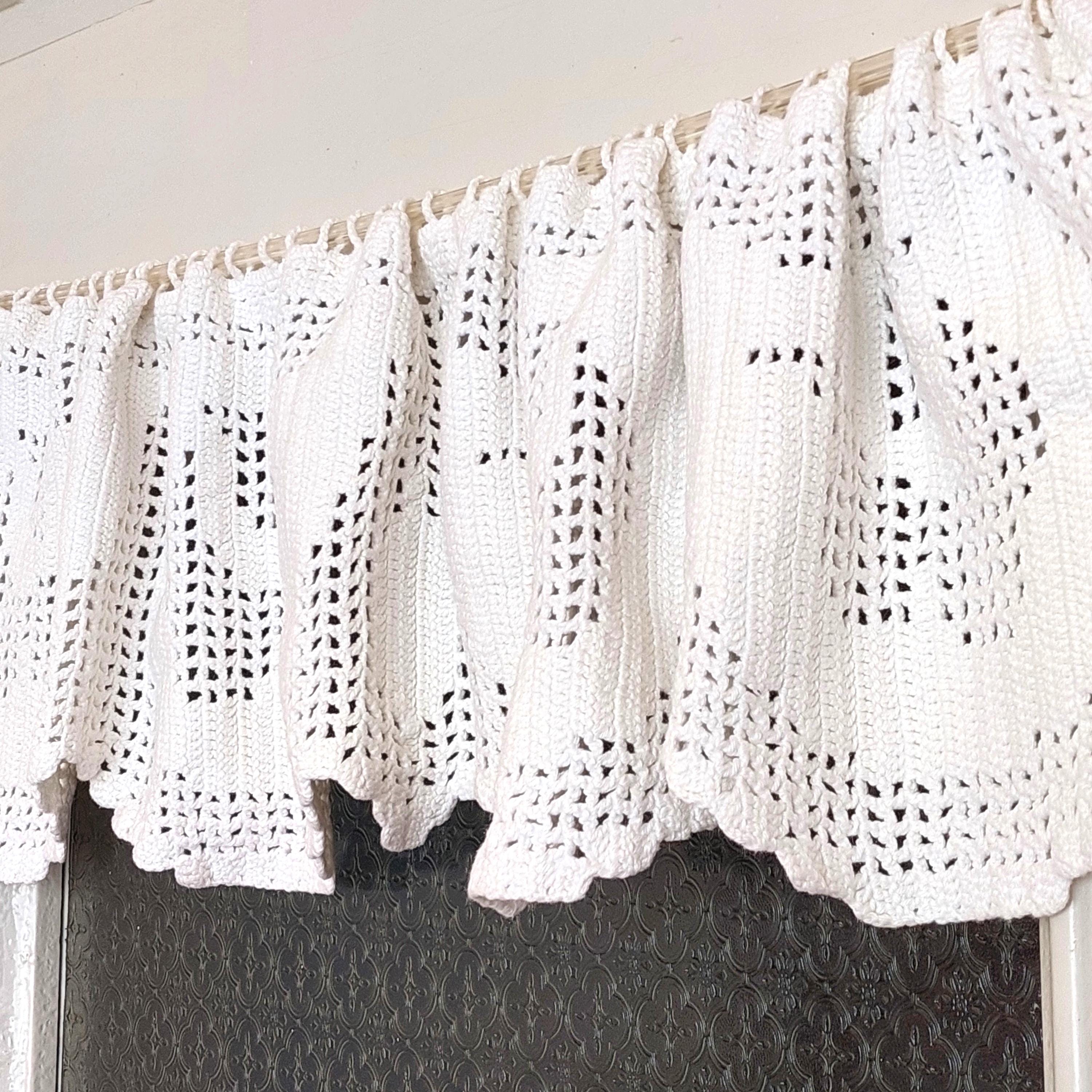 Vintage White Cotton Crochet Valance, Teapot Design Café Curtain Shelf ...