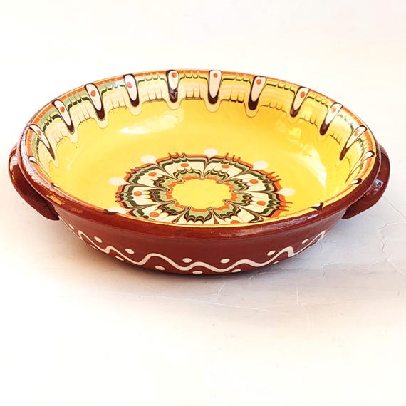 Hand Thrown Vintage Bulgarian Pottery Baking Dish Lidless Shallow Clay Earthenware Bowl for Oven Use Ethnic Rustic Ceramic Kitchen Decor