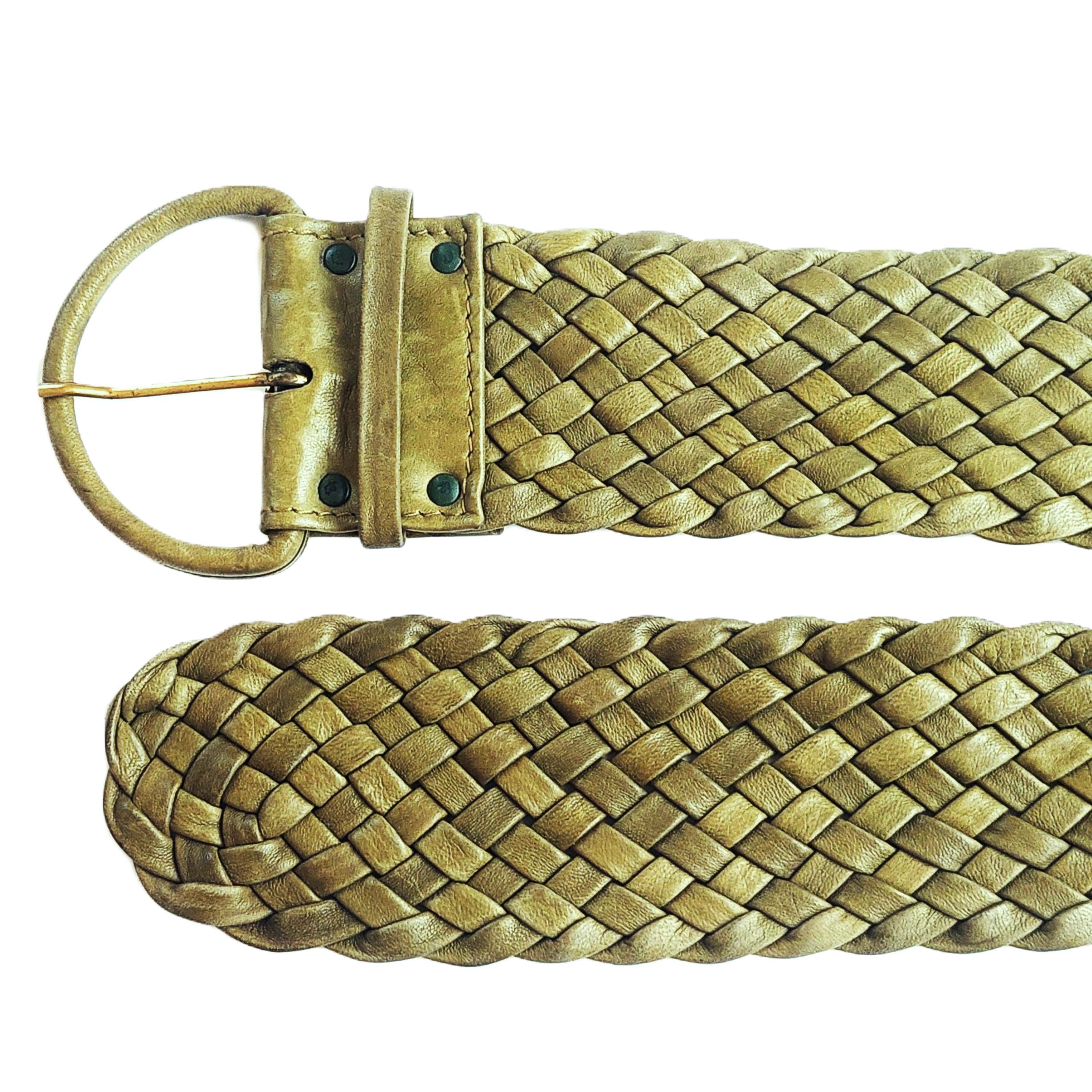 Vintage Braided Leather Belt, Green Wide Woven, D-ring  display picture 1