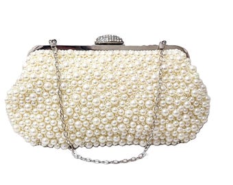 Bolso de noche vintage de lujo con cuentas blancas y cadena plateada desmontable, cierre de diamantes de imitación y bolso de novia para boda o evento formal.