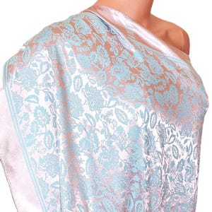 Vintage Jacquard Silk Oversized Large Scarf Shawl Glossy Light Blue and Pink Floral Leaves Design Double Sided Women Wrap for All Occasions