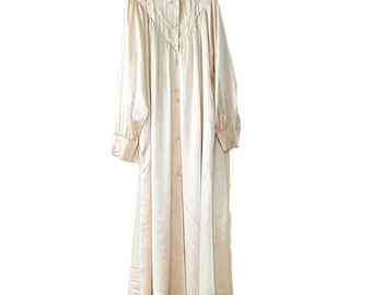 Vintage Silk Gown Robe Hand Embroidered Cream Satin Maxi House Dress Boudoir Peony China